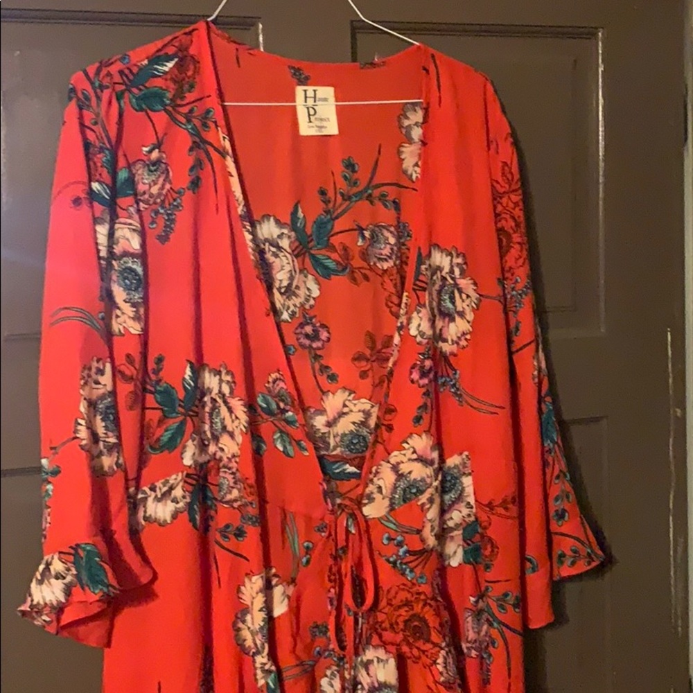 Women’s long wrap duster orange floral print 1XL